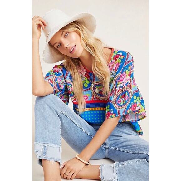 Anthropologie x Conditions Apply SELENE XS 4/6 Blue Pink Floral Tunic Blouse - Picture 2 of 3